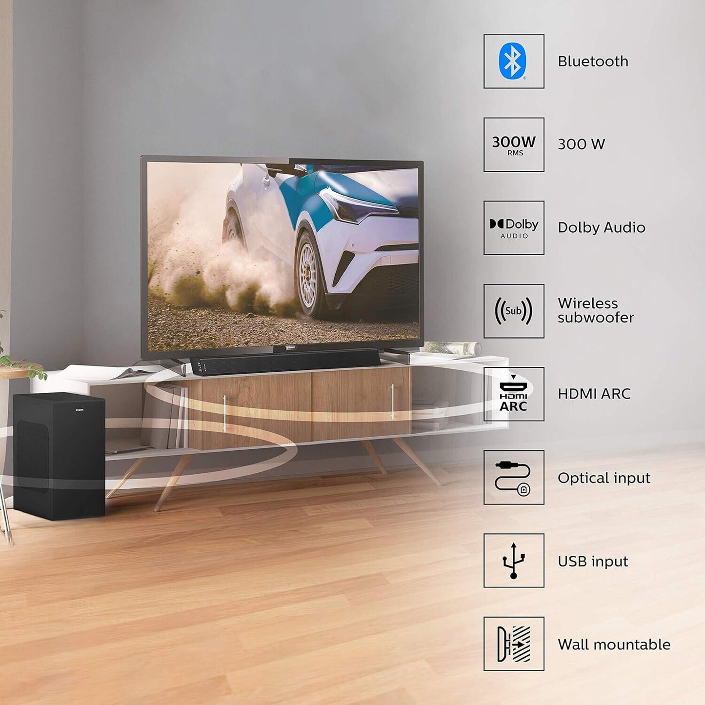 PHILIPS TAB7305 - Soundbar Bluetooth 2.1 Wireless-Subwoofer 300W HDMI Schwarz