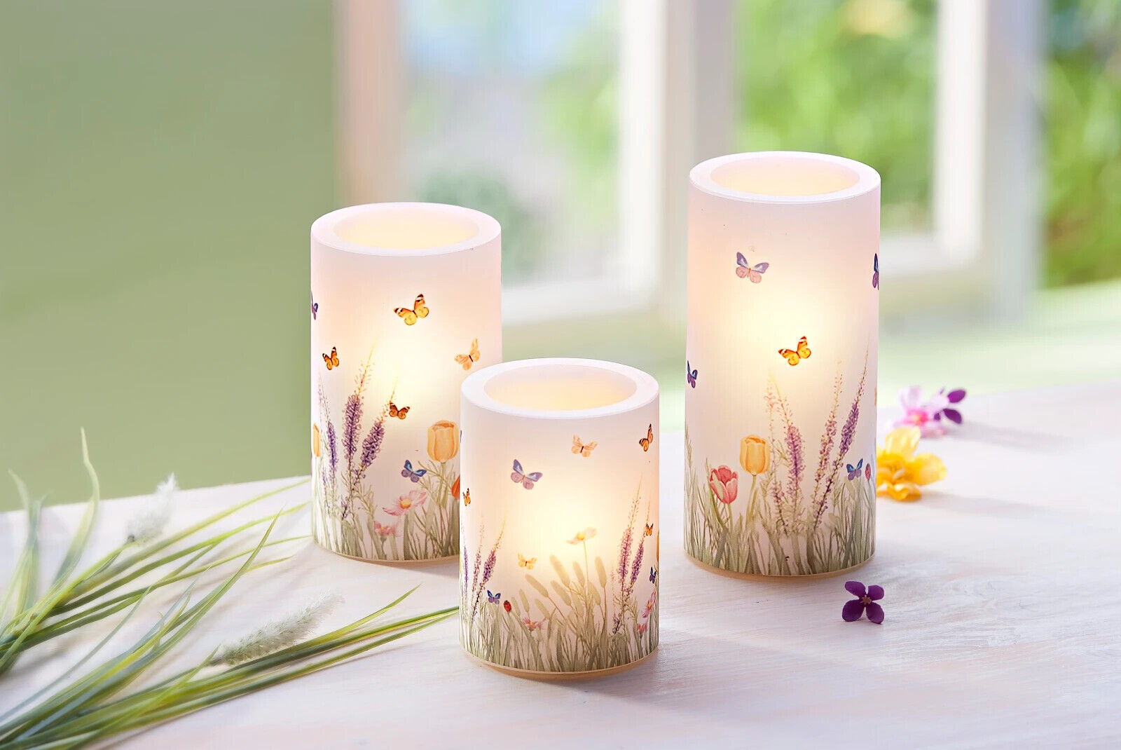 LED-Kerzen "Blumenwiese", 3er-Set Deko Set Wohnungsdeko LED Kerzen Dekoration
