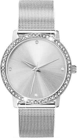 crystal blue Damen Armbanduhr Set Silber Edelstahl Milanaise Mesh Armband mit Zi