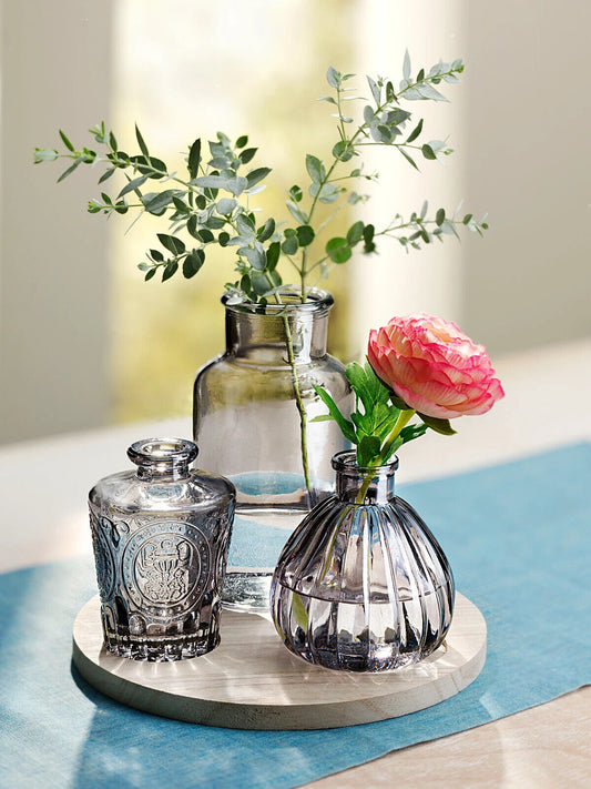 Vasen-Set Cinza auf Holzteller 3 Blumenvasen getöntem Glas 4-teiliges Set B-WARE